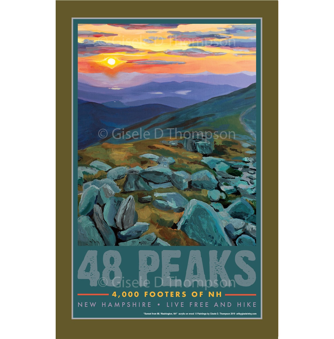 48 Peaks, 4000 Footers of NH Posters 11x17 Print, Set of 4, Sunset From Mt. Washington, Bond