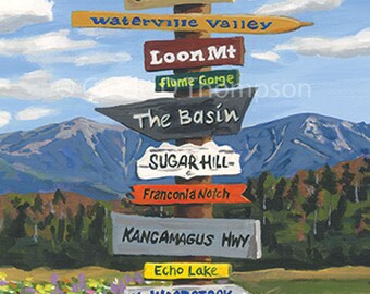 NH Signpost Poster, Franconia Notch Area, Sugar Hill, Flume, Cannon, Loon, NH Attractions 11x17 or 8x12 print