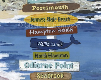 NH Signpost Poster, NH Seacoast, Portsmouth, Hampton Beach, New Castle, Rye, Seabrook, Wallis Sands 11x17 or 8x12 print