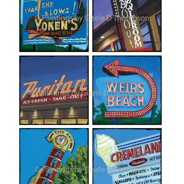 Set of 6 Classic NH Neon Signs, Matted 12x18 print, fits 16x20 frame or 8x12 matted print fits 11x14 frame