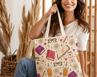 Book Lover Tote Bag, Cute Reading Gift, Floral Book Pattern Tote, Coffee & Books Bag, Library Bookish Gift for Readers Women,Book Club Gift