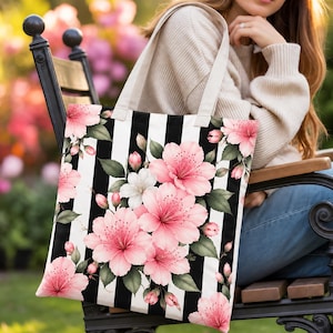 Large Black Flowers on White Striped Fabric - Etsy
