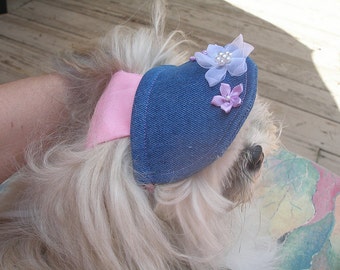 DENIM SUN VISOR / Hat - with or without flowers - 2 - 15 lb dogs- Made to order