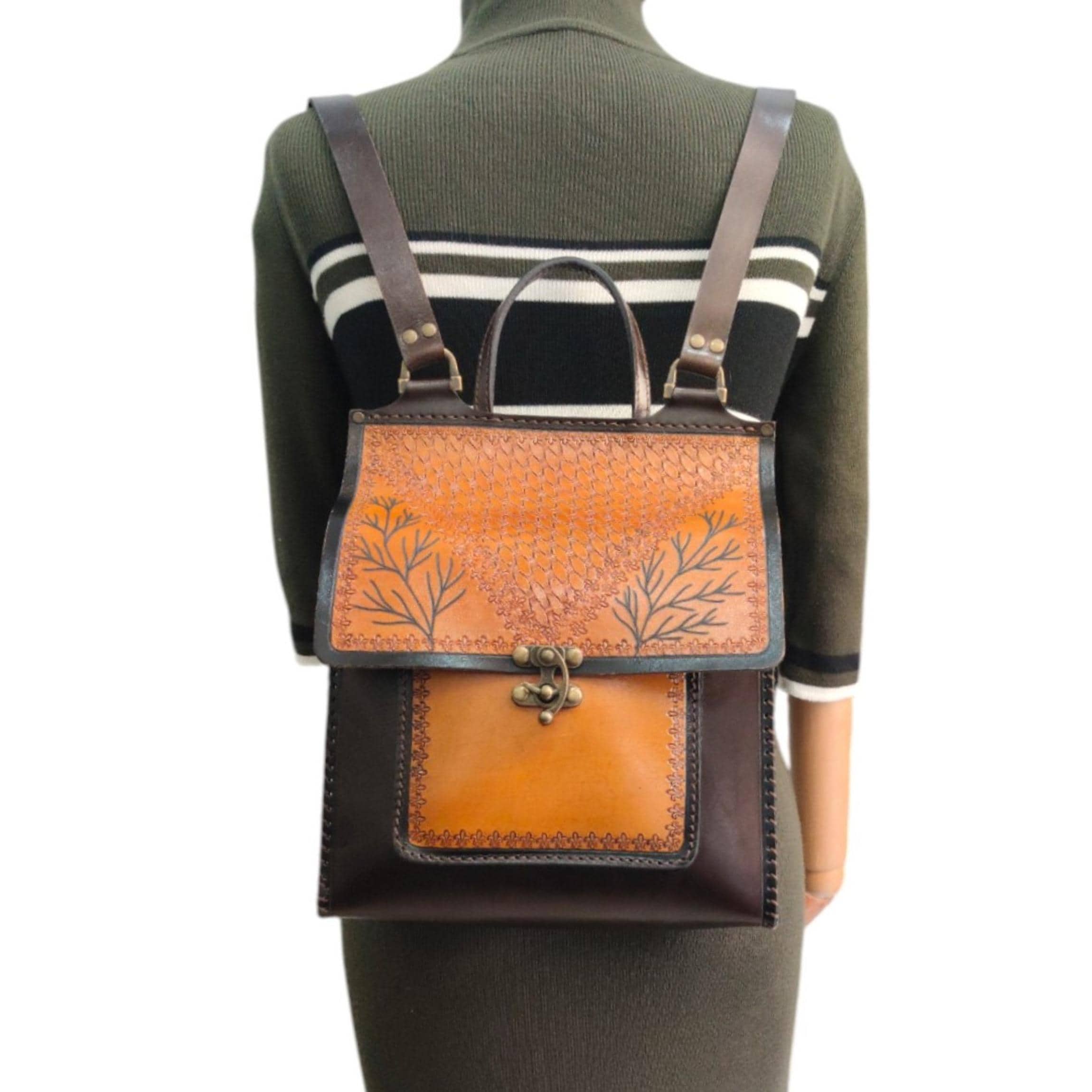 Boho Turkish Leather Mini Backpack Brown Marbled Flap Artisan Istanbul Leather Backpack, Handmade Floral Painted Rucksack, Boho  main image 2