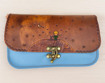 Messenger Bag, Little Prince Leather Satchel, Blue Flap Fox Hand Painted Tooled Crossbody Artisan