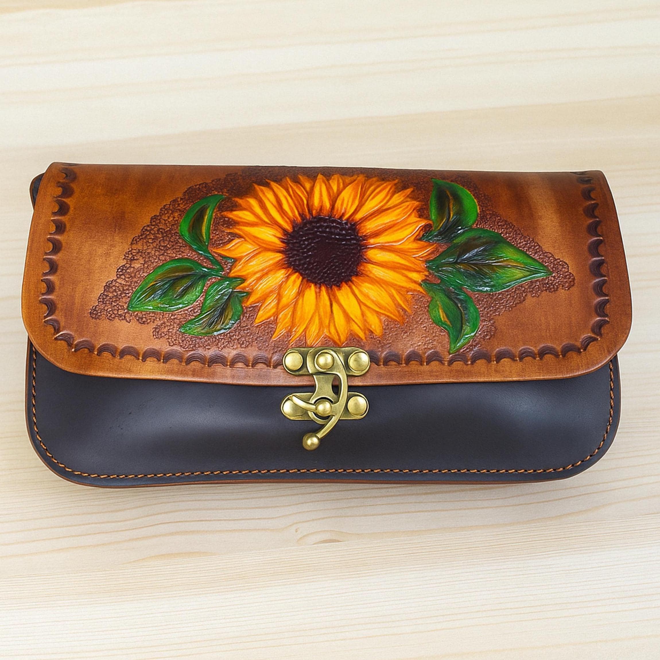Sunflower Leather Bag, Handmade Tooled Crossbody, Floral  display picture 1