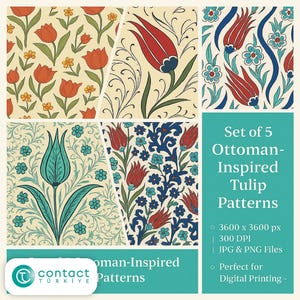 Iznik Tile Wall Art Set of 5, Ottoman Tulip Patterns Printable, Blue Turkish Tile Prints, Islamic Floral Scrapbook Paper
