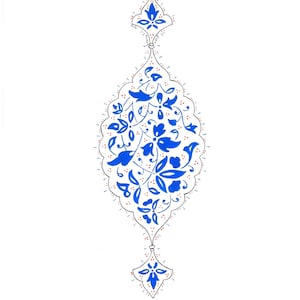 Tezhip Art Printable, Blue Hatai Medallion Ottoman Illumination Wall Art, Vertical Islamic Pattern Print, Coloring Outline