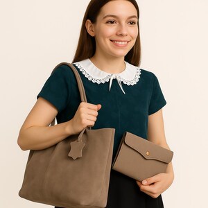 Genuine Suede Tote Bag and Leather Wallet Set – Large Soft Shoulder Bag for Women, Handmade Everyday Purse, Elegant Gift Set Option