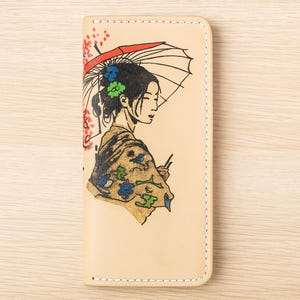 Hand-Burned Japanese Girl Leather Wallet – Slim Bifold Genuine Vegetable-Tanned, Personalized Gift for Women & Japanese Culture Lovers