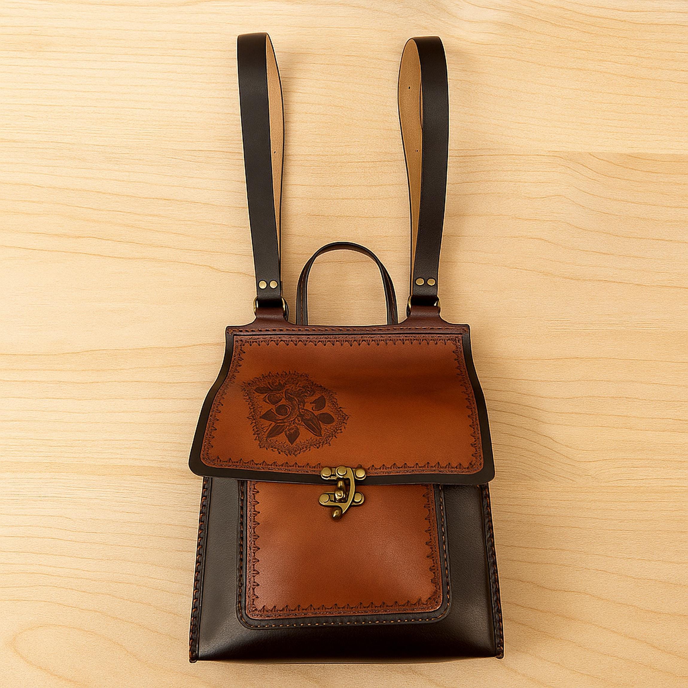 Boho Turkish Leather Mini Backpack Brown Marbled Flap Artisan Istanbul Backpack - Parchment Patina Brown main image 3