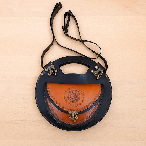 Turkish Floral Bag, Round Leather Crossbody, Pyrography Art Canteen Circle Satchel Tooled Boho Messenger
