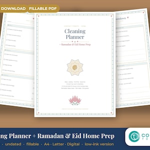 Puede incluir: Un planificador de limpieza digital para la preparación del hogar durante el Ramadán y Eid, en formato PDF rellenable con listas de verificación, un icono geométrico de estrella y un gráfico floral rosa sobre fondo blanco.
