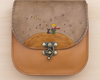 Messenger Bag, Little Prince Leather Satchel, Le Petit Literary Art Crossbody Tooled Handmade Celestial