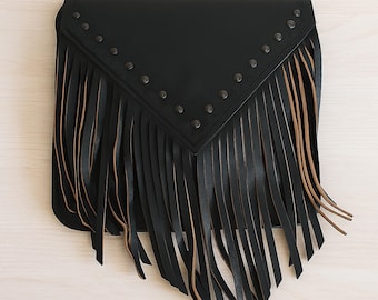Fringe Leather Bag, Rivet Studded Crossbody, Western Tassel Satchel Boho Festival Cowgirl Style Brown