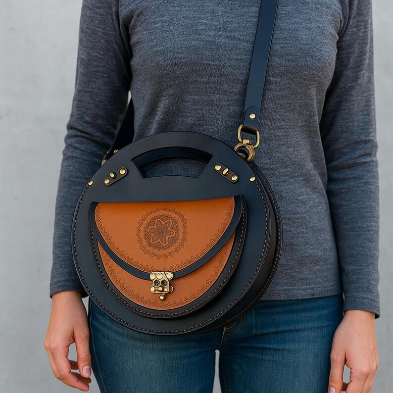 Turkish Floral Bag, Round Leather Crossbody, Pyrography Art Canteen Circle Satchel Tooled Boho Messenger image 4
