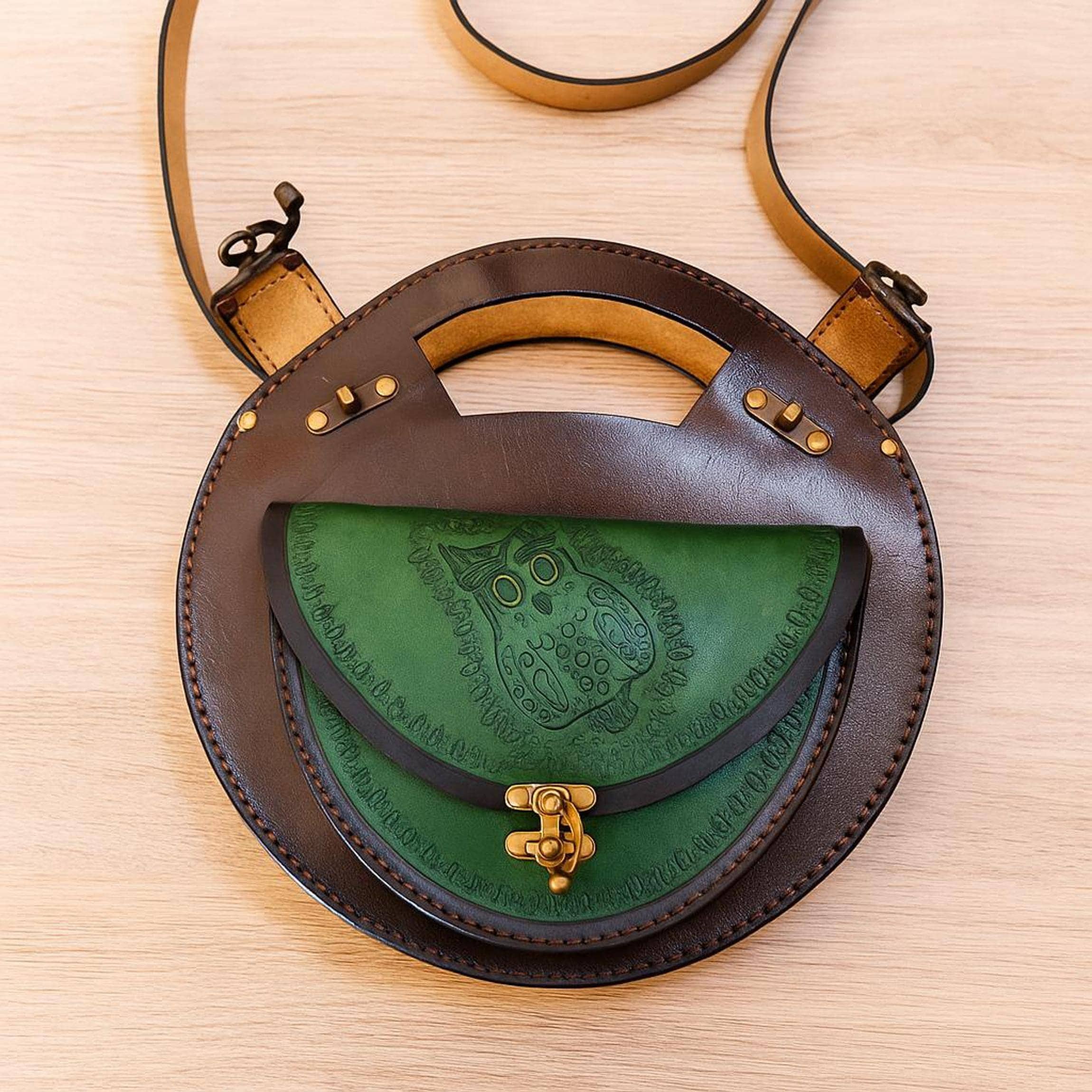 Pyrography Owl Crossbody Bag | Forest Green Tooled Leather Messenger | Dark Academia Handmade Artisa