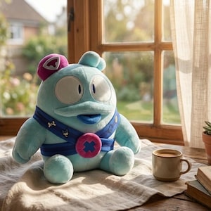 Op de afbeelding: Een pluche speelgoed in de vorm van een cartoonkikker, voornamelijk lichtblauw met een roze en paarse hoofdtooi en een blauw en roze cirkelvormig embleem. De kikker zit op een beige doek bij een raam.