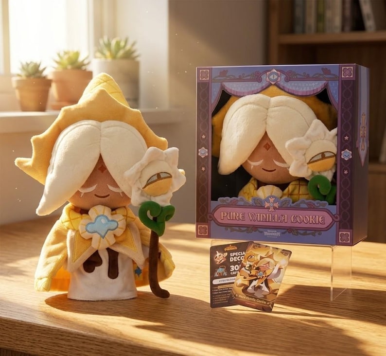 May include: A plush Pure Vanilla Cookie doll with a yellow and white outfit, holding a staff with a flower-shaped head. The doll is displayed next to a box with a similar doll inside and a collectible card.