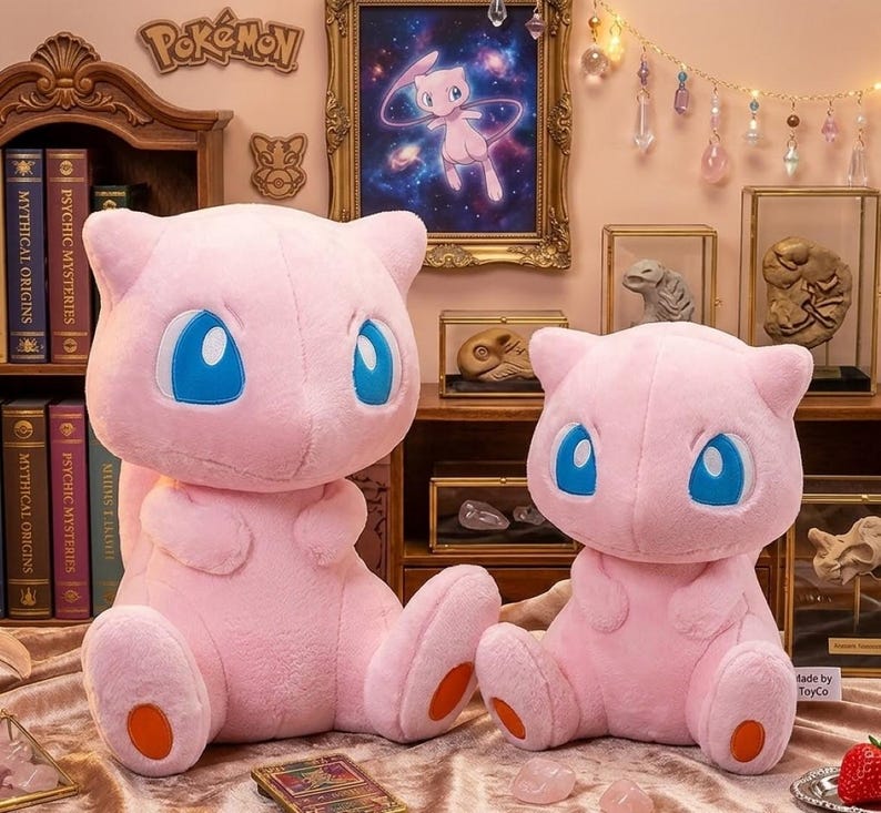 May include: Two plush pink Mew Pok&eacute;mon figures with large blue eyes and orange accents. The figures are sitting on a patterned surface, with a framed picture of Mew in the background. The word "Pok&eacute;mon" is visible.