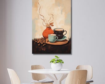 May include: A still life painting depicting a brown vase with a leafy branch, two coffee cups, and coffee beans on a brown surface.