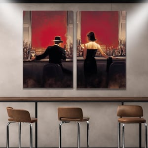 2 Piece Canvas Wall Art Paintings Brent Lynch Cigar Bar Dinner Lounge Famous Man and Woman Bar Housewarming Gift Living Room Decor Wall Art