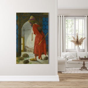 May include: A man in a red robe and a turban stands in a doorway, looking at a group of tortoises on the floor. The doorway is decorated with blue and white tiles. The man is holding a staff in his right hand.