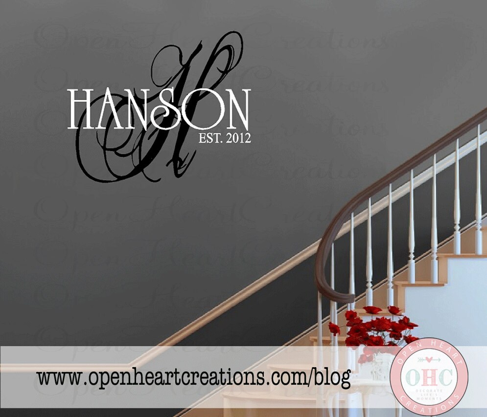 Last Name Wall Decal with Background Initial and Established | Etsy