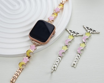Pretty Stars and Moons Strap for Apple Watch 10 9 8 7 6 5 4 SE Ultra | Adjustable Rustproof Stainless Steel Apple Watch Band for Girls Women