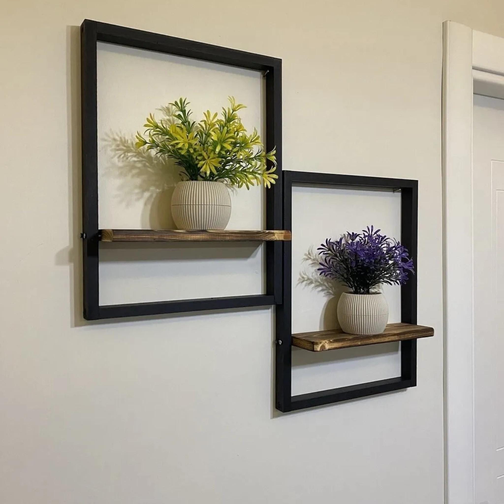 Set of 2 Luxury Black Wooden Framed Shelves – Decorative Wall Flower ...