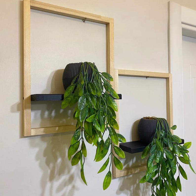 Set of 2 Luxury Black Wooden Framed Shelves – Decorative Wall Flower ...
