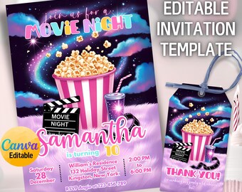 May include: A movie night invitation template with a popcorn bucket, drink, and film reel graphic. The invitation includes the text "MOVIE NIGHT" and "Samantha is turning 10". The design is on a purple background with a free thank you tag.
