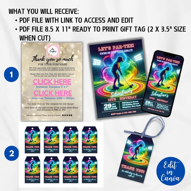 May include: A digital download for a golf-themed birthday party invitation and thank you tags. The invitation features a neon green, pink, and blue design with a golfer on a green field. The thank you tags are 2 x 3.5 inches and feature the same design as the invitation. The text on the invitation reads "Let's Par-Tee!" and "Sebastian's 10th Birthday". The text on the thank you tags reads "Thank You!"