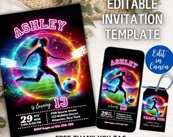 Mädchen-Fußball-Geburtstagseinladung, Fußball-Geburtstagseinladung, Mädchen-Fußball-Flyer, Sportparty einladen, bearbeitbare Canva-Vorlage