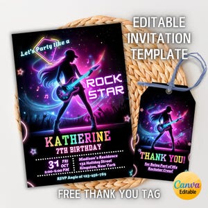 Convite para festa com tema de rock star, convite para festa com tema de rock para meninas, convite para festa com tema musical, convite de aniversário para pré-adolescentes e adolescentes, modelo editável do Canva