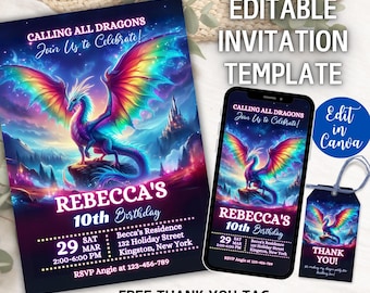 Editable Dragon Birthday Invitation, Fantasy Dragon Invitation, Dragon Theme Invitation for Girls, Magical Birthday Invite, Fantasy Invite