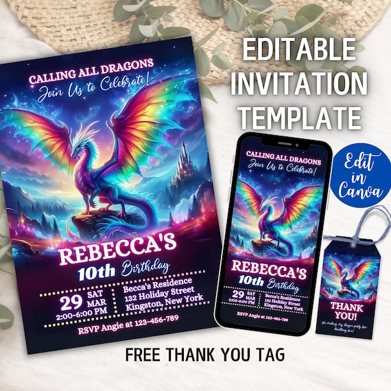 Editable Dragon Birthday Invitation, Fantasy Dragon Invitation, Dragon Theme Invitation for Girls, Magical Birthday Invite, Fantasy Invite