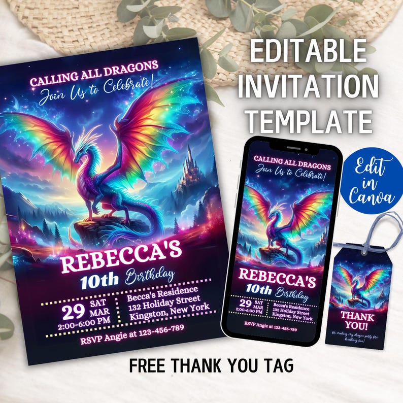 Peut inclure: Mod&egrave;le de faire-part sur le th&egrave;me de la fantaisie, avec un dragon color&eacute; aux ailes arc-en-ciel. L'invitation, pour le 10e anniversaire de Rebecca, comprend les d&eacute;tails de l'&eacute;v&eacute;nement et le texte "Calling All Dragons".