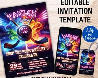 Editable Hockey Birthday Invitation, Ice Hockey Party, Sports Theme Invitation, Boys Party Invites, Canva Template, Instant Download