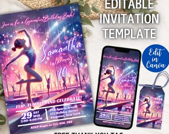 May include: A printable invitation template for a gymnastics birthday party. The invitation features a gymnast in a pink leotard performing on a balance beam. The text on the invitation reads "Join us for a Gymnastics Birthday Bash! Samantha is turning 10. Flip, Tumble, and Celebrate!" The invitation also includes the date, time, and location of the party. A free thank you tag is also included.