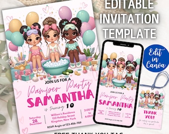 May include: A pink invitation template for a pamper party, featuring illustrations of girls in spa attire. The invitation includes the text "Join us for a Pamper Party" and details for Samantha's 10th birthday. Includes a matching phone screen and thank you tag.