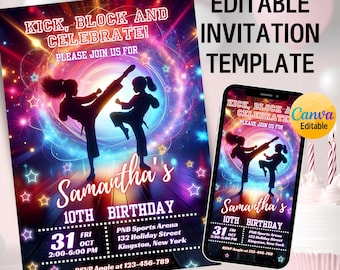 Editable Martial Arts Birthday Invitation for Teen Girls, Karate Birthday Invite, Taekwondo Party Invite, Canva Template, Digital Download