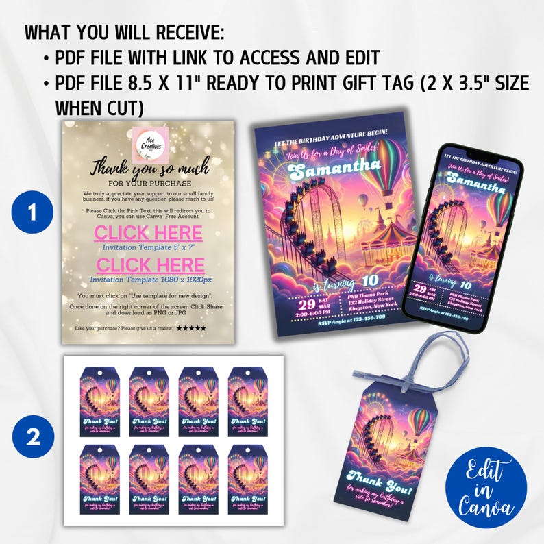 Editable Theme Park Birthday Party Invitation, Amusement Park Party ...