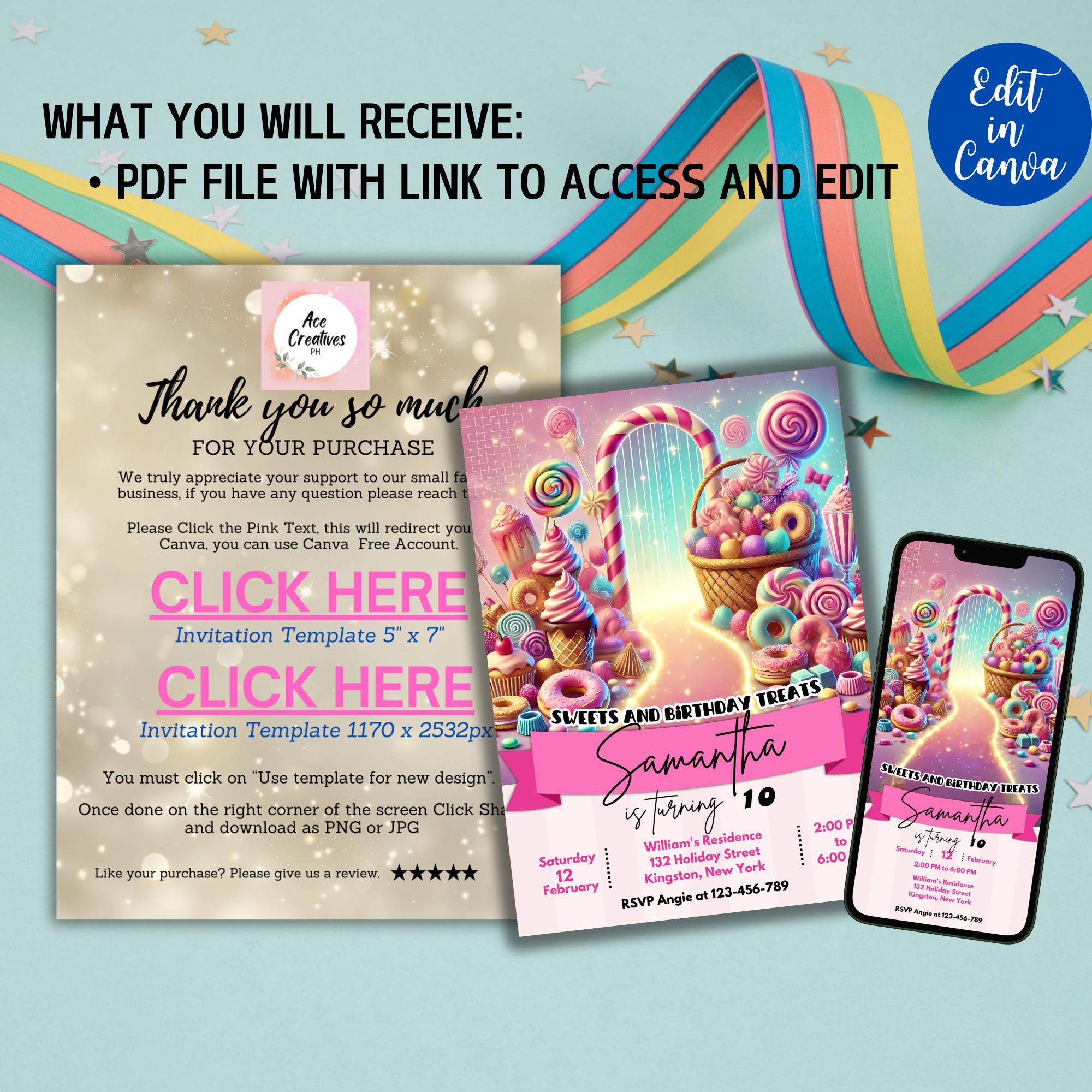 Editable Sweets Birthday Invitation, Candyland Party Invite, Candies ...
