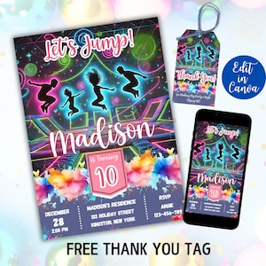 以下が含まれることがあります： ネオングリーン、ブルー、ピンクのカラーテーマで、10歳の誕生日パーティーの印刷可能な招待状。招待状には、トランポリンパークと、ジャンプしている人々のシルエットが描かれています。招待状のテキストには、「Let's Jump!」と「Madison is turning 10」と書いてあります。