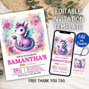 Invitación de cumpleaños de dragón editable, invitación de dragón de fantasía, invitación con temática de dragón para niñas, invitación de cumpleaños mágica, plantilla