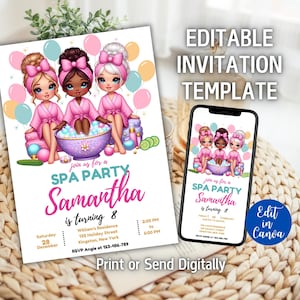 Editable Pamper Spa Party Invitation, Spa Birthday Invite for Girls, Glam and Glitz Birthday Invite, Girls Sleepover Invite, Canva Template