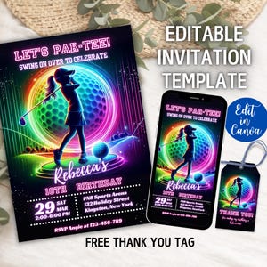 May include: A neon-themed golf birthday invitation template. The design features a golfer silhouette, a golf ball, and the text "Let's Par-Tee!" The invitation includes event details and a free thank you tag.