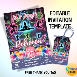 May include: A neon-themed birthday invitation and matching thank you tag featuring silhouettes of children on trampolines and gymnastics rings. The text reads Let's Jump, Rebecca is turning 10, and Thank You. The design includes colourful paint splatters.