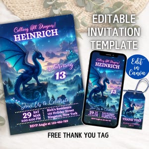 Invitación de cumpleaños de dragón editable, invitación temática de dragón, invitación de fiesta de dragón para niños, invitación de cumpleaños mágica para niños, plantilla